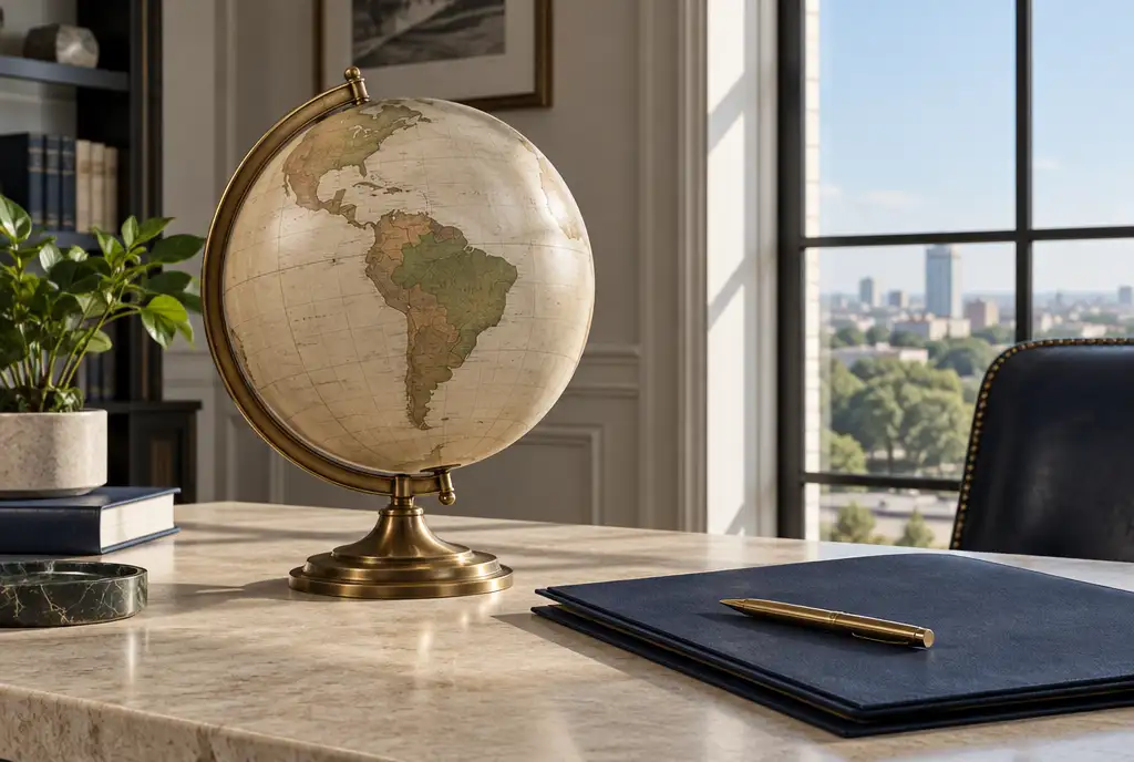 Antique globe turned to South America beside a navy tax folder and a brass pen on a desk