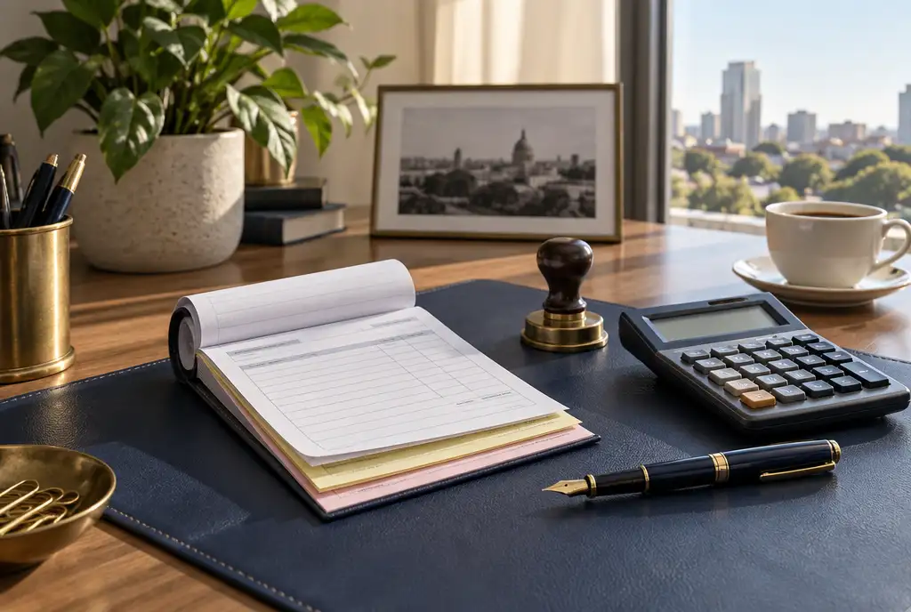 Invoice book with carbon copies, a rubber stamp, a calculator and a fountain pen on a navy desk mat