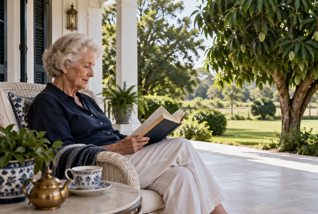 Retired British woman in soft profile reading with a cup of tea on a shaded veranda