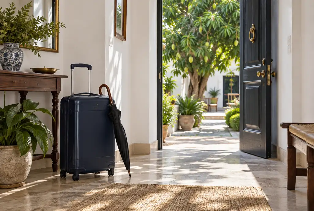 Navy suitcase and a folded umbrella in the sunny hallway of a whitewashed house in Asunción