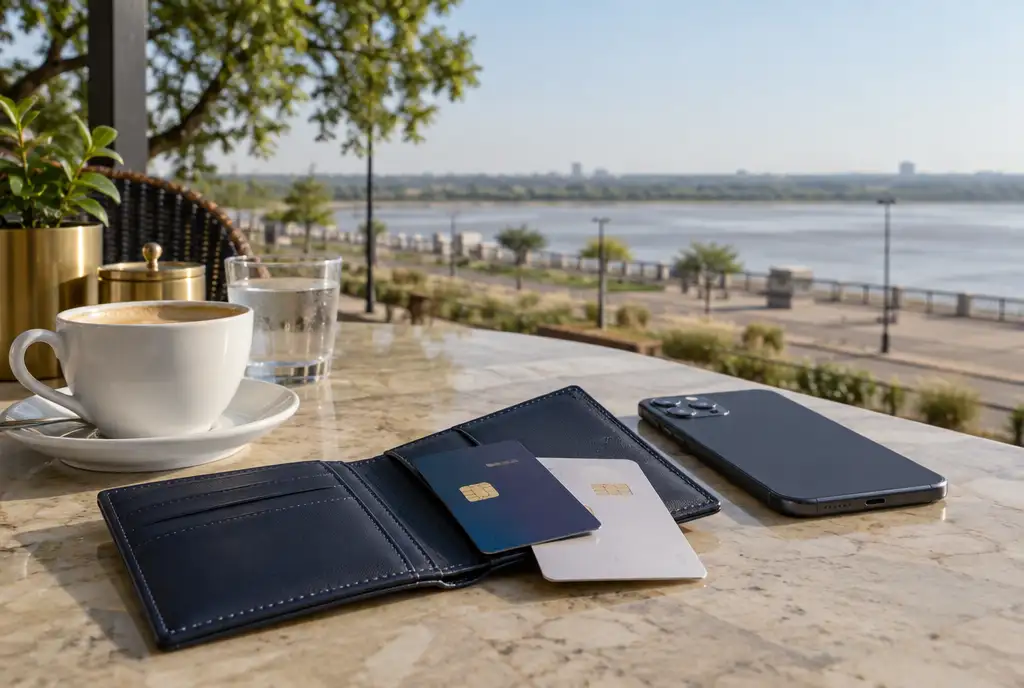Two bank cards face down on a navy wallet on a café table by the Paraguay River